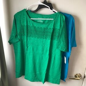 (2) Talbots Short Sleeve Lace Tees- 1X Clover and Turquoise